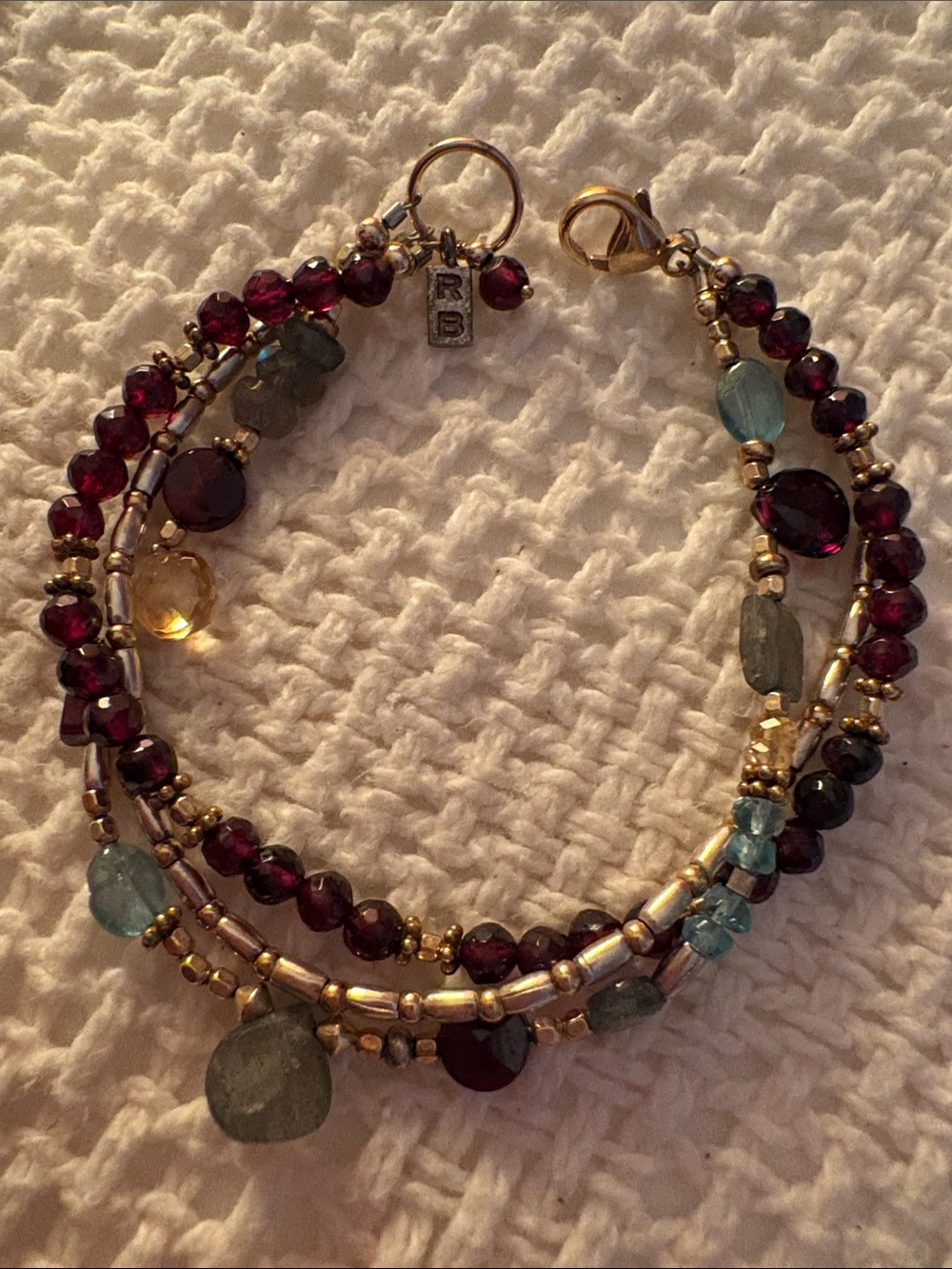 Running Bear stamped RB Multi-Strand Garnet & Aquamarine Gold Beaded Bracelet